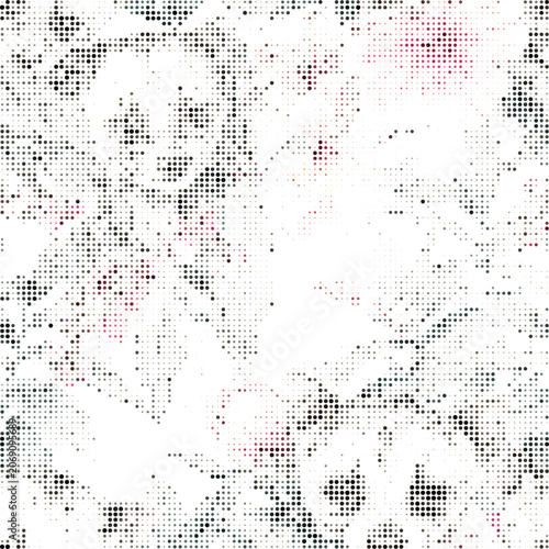 Abstract floral pattern featuring dark grey and muted red halftone dots arranged in a dense, repeating composition on a white background