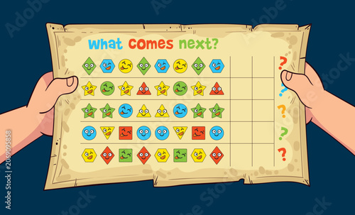 Colorful cartoon worksheet with pattern sequences for kids. Find what comes next by identifying rules in rows of shapes on a scroll, a fun educational brain teaser. Funny vector illustration