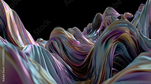 Flowing iridescent fabric material undulates across a dark, abstract landscape
