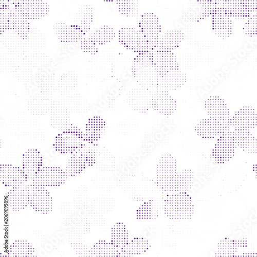 Abstract floral pattern featuring purple halftone dots, arranged in a repeating, organic, and delicate composition on a white background
