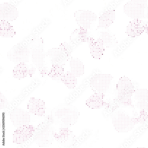 Abstract floral pattern of repeating rose motifs created with small pink dots on a clean halftone white background texture