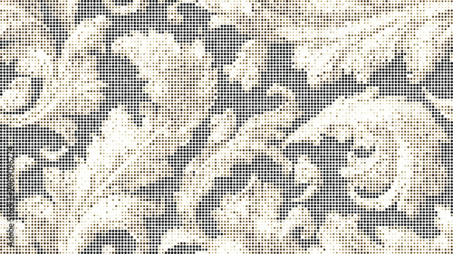 Classic floral damask pattern featuring a halftone dot texture in dark grey and beige colors on a plain white background, for wallpaper