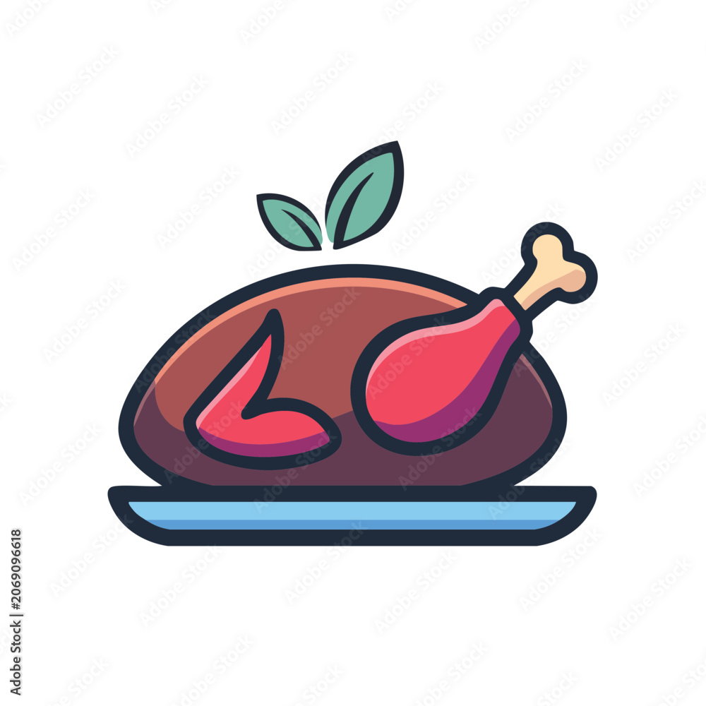Fototapeta premium Flat illustration of roast chicken with drumstick and leaf