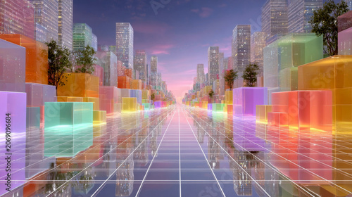 Futuristic glass city street background metaverse colorful. Smart eco-tech virtual landscape ideal for VR games, tech ads & web design
