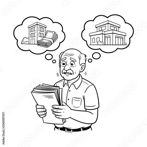 Confused senior man looking at real estate investment documents decision