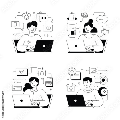 People using laptops for digital communication and remote work set