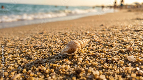 Seashell on sandy beach near shoreline