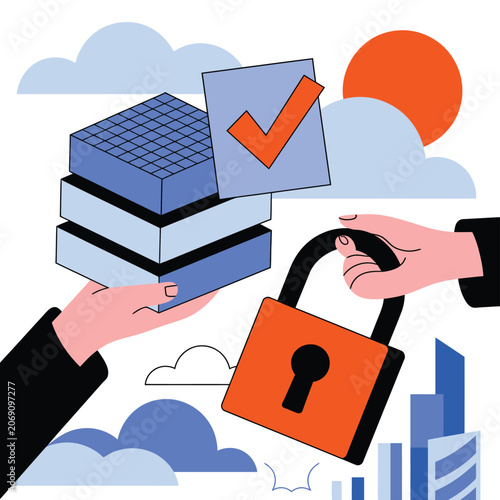 Data security concept with hands holding digital folder and lock, security