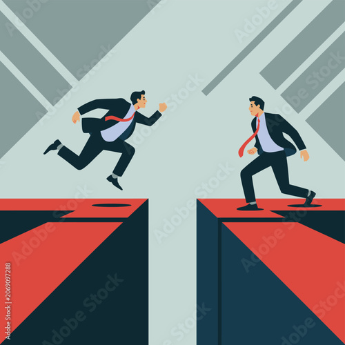 Businessman jumping over chasm concept of risk and opportunity with business