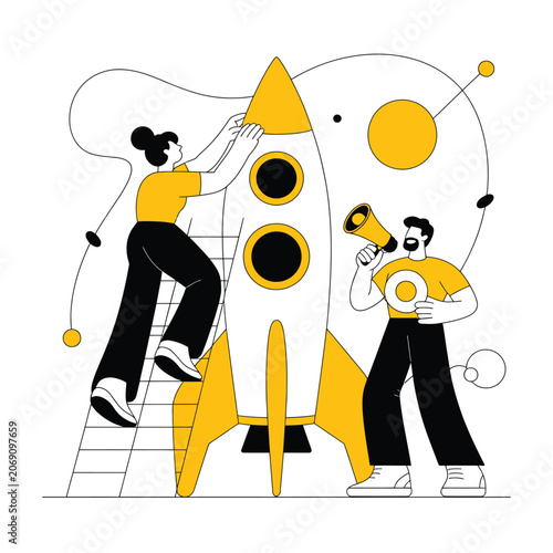 Startup project launch team working on rocket development with business