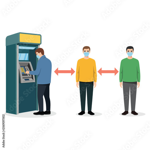 People wearing face masks standing in line at atm for financial transaction
