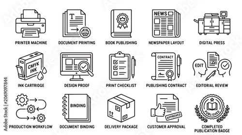 Photos Publishing icons, printing symbols, editorial graphics, 20 publishing elements