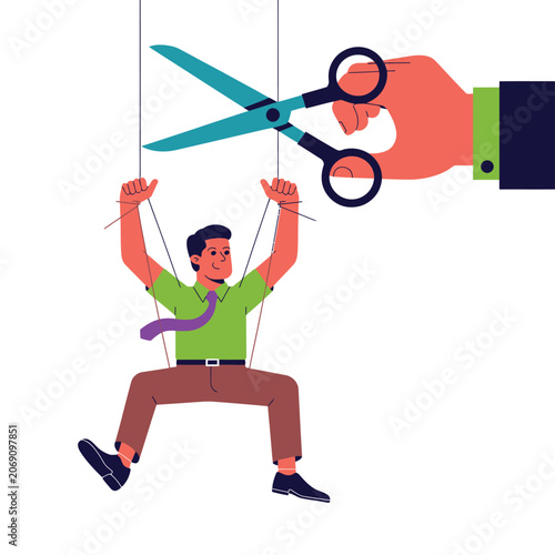 Hand using scissors to cut strings of employee marionette puppet concept