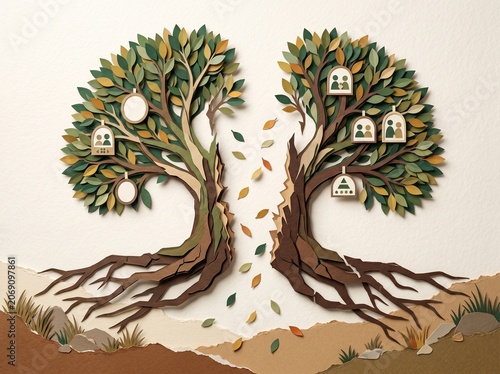 Split Family Tree Divorce Concept, Paper Cut Craft Illustration of Separation and New Beginnings