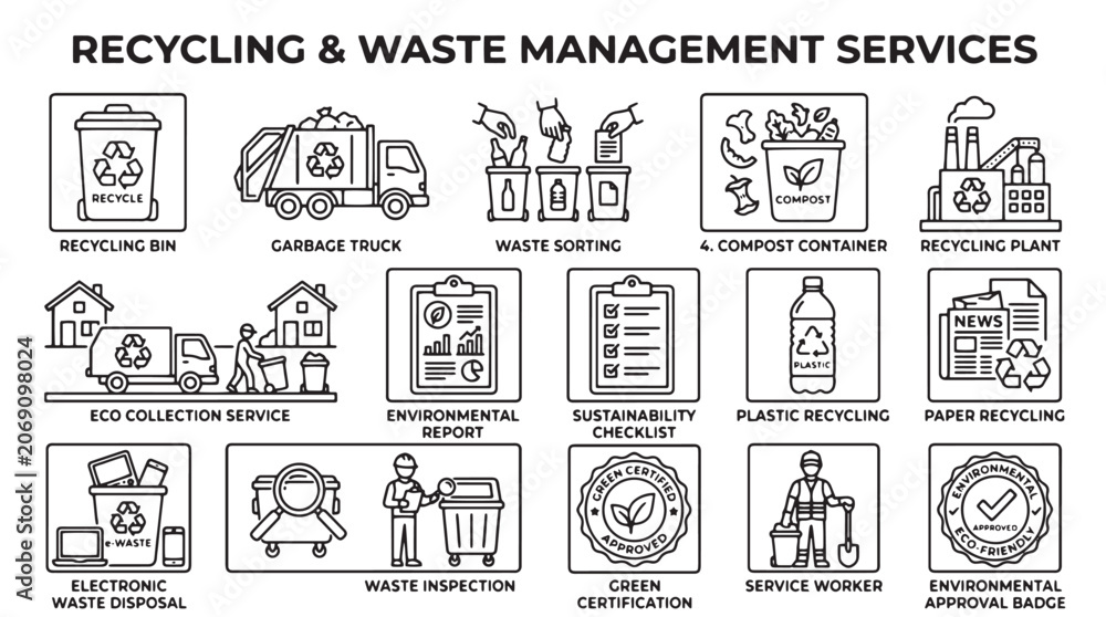 Obraz premium Recycling services, waste management icons, eco friendly symbols, vector graphics