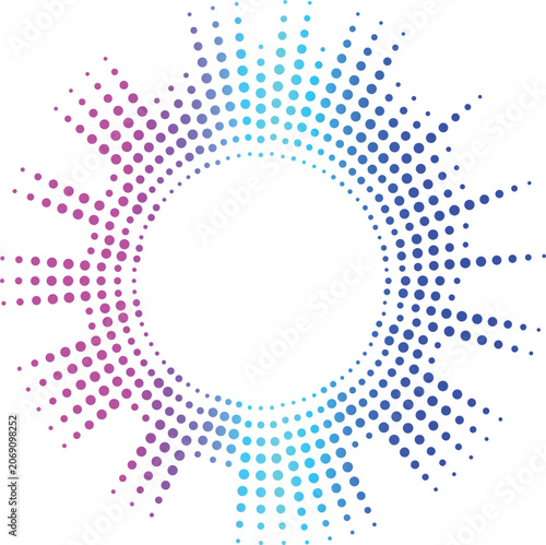 Abstract halftone dots vector background with equalizer circular pattern, geometric design, colorful texture wallpaper and digital art backdrop