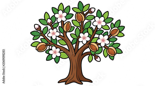 Tree with flowers and nuts growing.