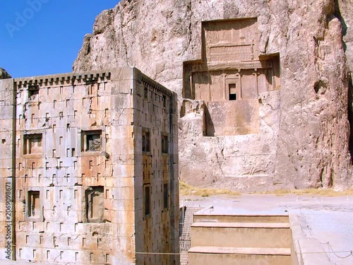 Iran, Naqsh-e Rostam, is an Achaemenid funerary site with monumental royal tombs, of archaeological interest, located about 12 km northwest of Persepolis