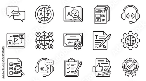 Cuadro en lienzo Language translation line icons, 15 global communication vector elements, foreig