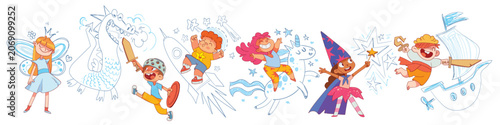 Colorful illustration about childhood imagination, creativity and dreaming. Cartoon kids dressed as fairy, knight, wizard and pirate playing among doodles of a dragon, unicorn, rocket and stars