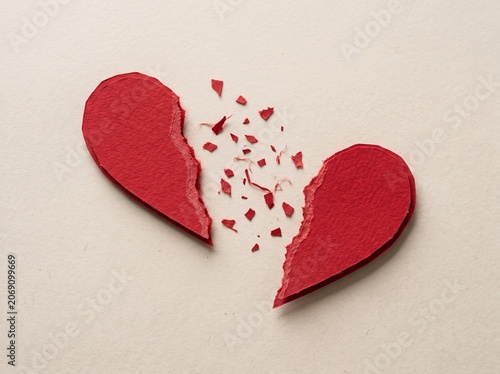 Torn Paper Hearts Divorce Concept, Paper Cut Art of Separation and Broken Relationship Symbolism