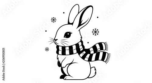Cute Cartoon Bunny Wearing Striped Scarf in Winter