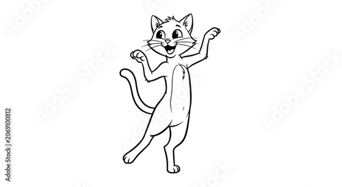 Cute Cartoon Cat Dancing Line Art Illustration