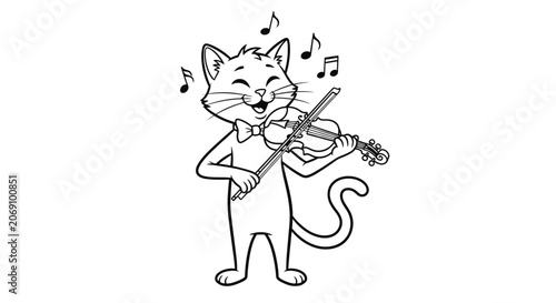 Cute Cartoon Cat Playing Violin Line Art