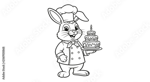Cute Cartoon Chef Rabbit Holding a Birthday Cake Coloring Page