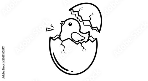 Cute Cartoon Chick Hatching From Egg Line Art