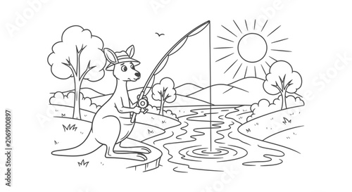 Cute Cartoon Kangaroo Fishing by a River Coloring Page for Kids