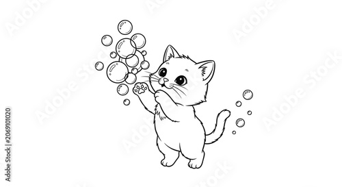 Cute Cartoon Kitten Playing with Bubbles Coloring Page
