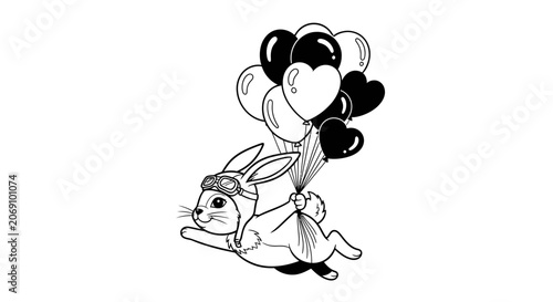 Cute Cartoon Rabbit Flying with Balloons Line Art