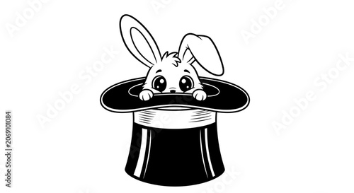 Cute Cartoon Rabbit Emerging From A Magic Top Hat