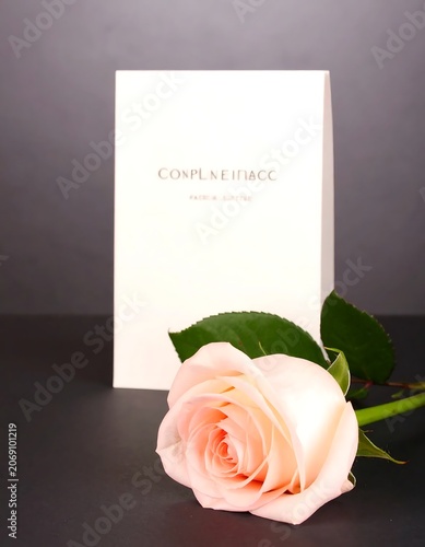 Soft Pink Rose Resting Beside Minimal White Card on Dark Tabletop