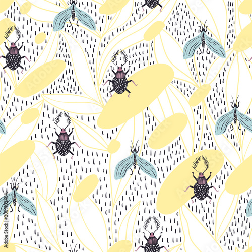 Vector seamless pattern. Decorative plant print. Trendy patterns, stylish hand-drawn floral elements, birds, insects.

