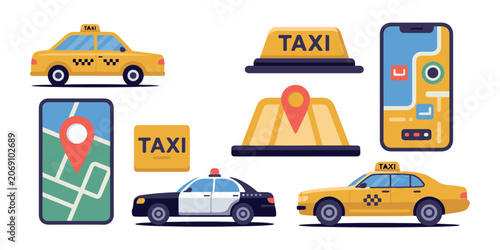 Obraz na plátne Set of taxi service icons featuring yellow cabs mobile map app destination pins and signage elements vector