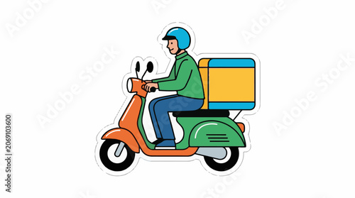 A cartoon man in a green jacket and blue helmet rides an orange and green scooter