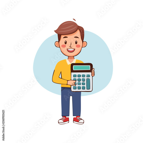 Cartoon boy holding calculator vector illustration