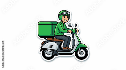 A cartoon delivery person on a green scooter