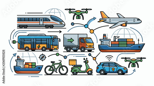 Various transportation modes illustrated in a vibrant infographic