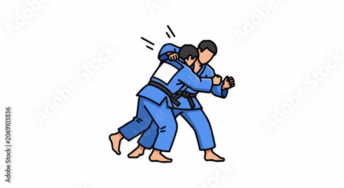 Two men in blue martial arts uniforms grappling