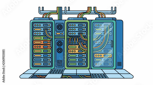 Illustration of a computer server system with blue units and colorful wires