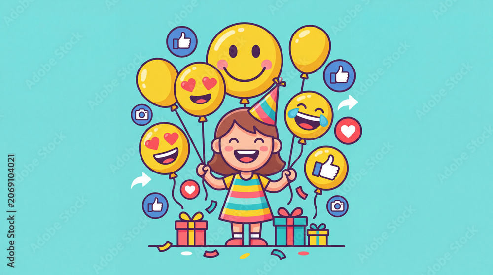Fototapeta premium Happy girl celebrating with emoji balloons and social media icons