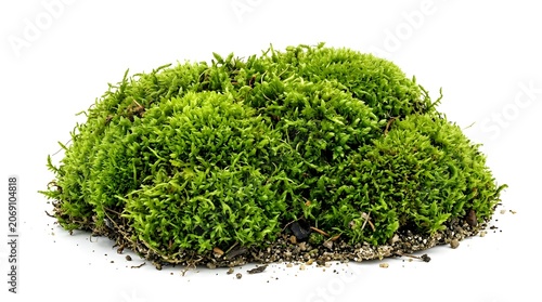 A clump of vibrant green moss growing on a patch of soil. The moss is dense and appears soft to the touch, with a rich texture