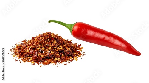 A vibrant red chili pepper next to a pile of chili flakes, showcasing a spicy ingredient