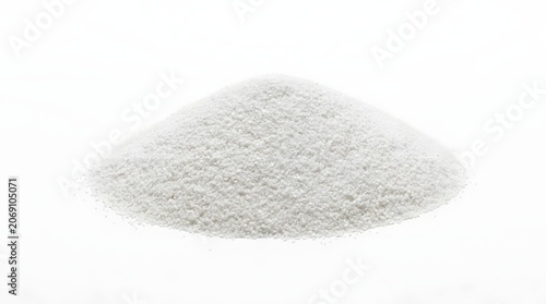 A small pile of fine white sand, isolated on a white background. The texture of the sand is clearly visible, showing individual grains that create a soft, granular surface