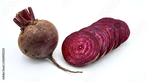 A whole beetroot and several slices of beetroot on a white background