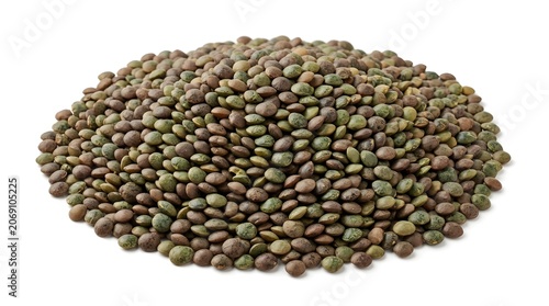 A pile of dried green lentils, commonly used in cooking and a good source of protein