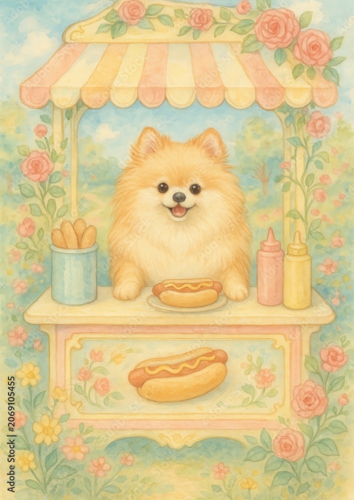 Naklejka premium Cute dog hotdog stand.